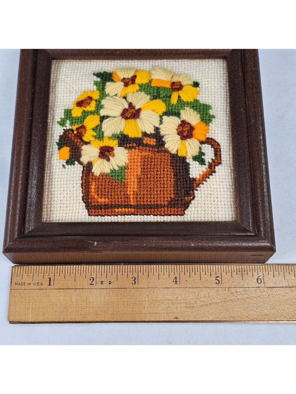 Vintage Floral Needlepoint Framed Art Yellow Flowers Cottagecore 5x5 Wood Frame - Picture 6 of 7